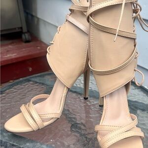 SHE&IN Elegant Tan Lace-Up Vegan Leather Stiletto Heels•Size:40•GUC